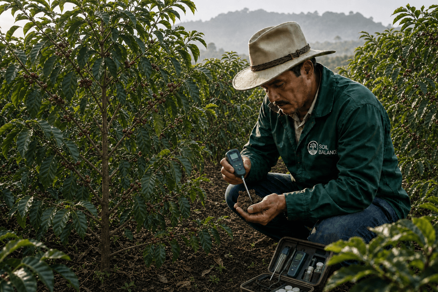 Agronomist reviewing a coffee plant with a field device